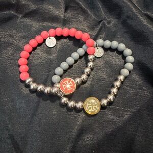 Rustic Cuff Beaded Stretch Bracelet Set OS Pink Gray Silver Charm‎